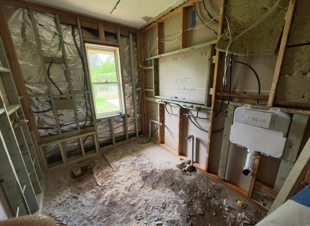 Bathroom stripped back to the frame before renovation