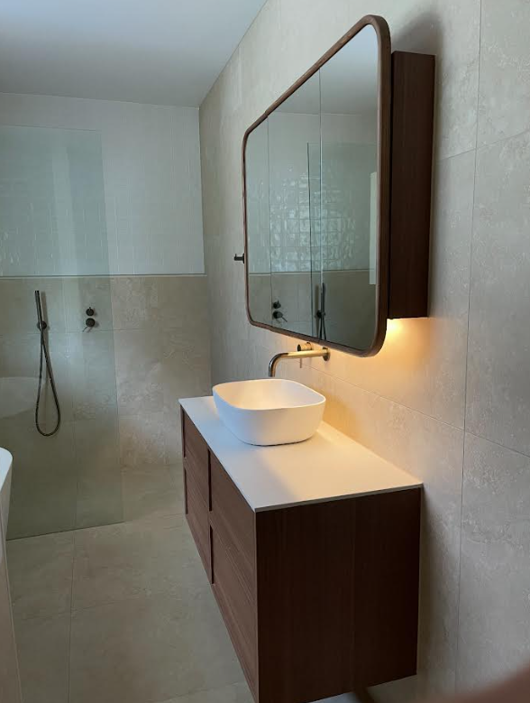 Timber vanity & walk-in shower